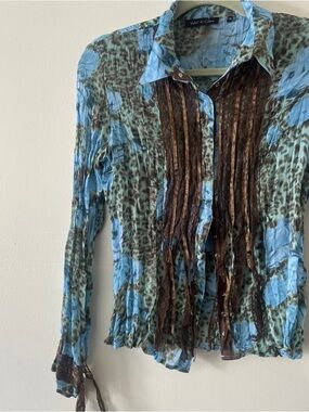 Y2K Blue, Brown, Leopard Printed Long Sleeve Button-Up Top with Fringe
